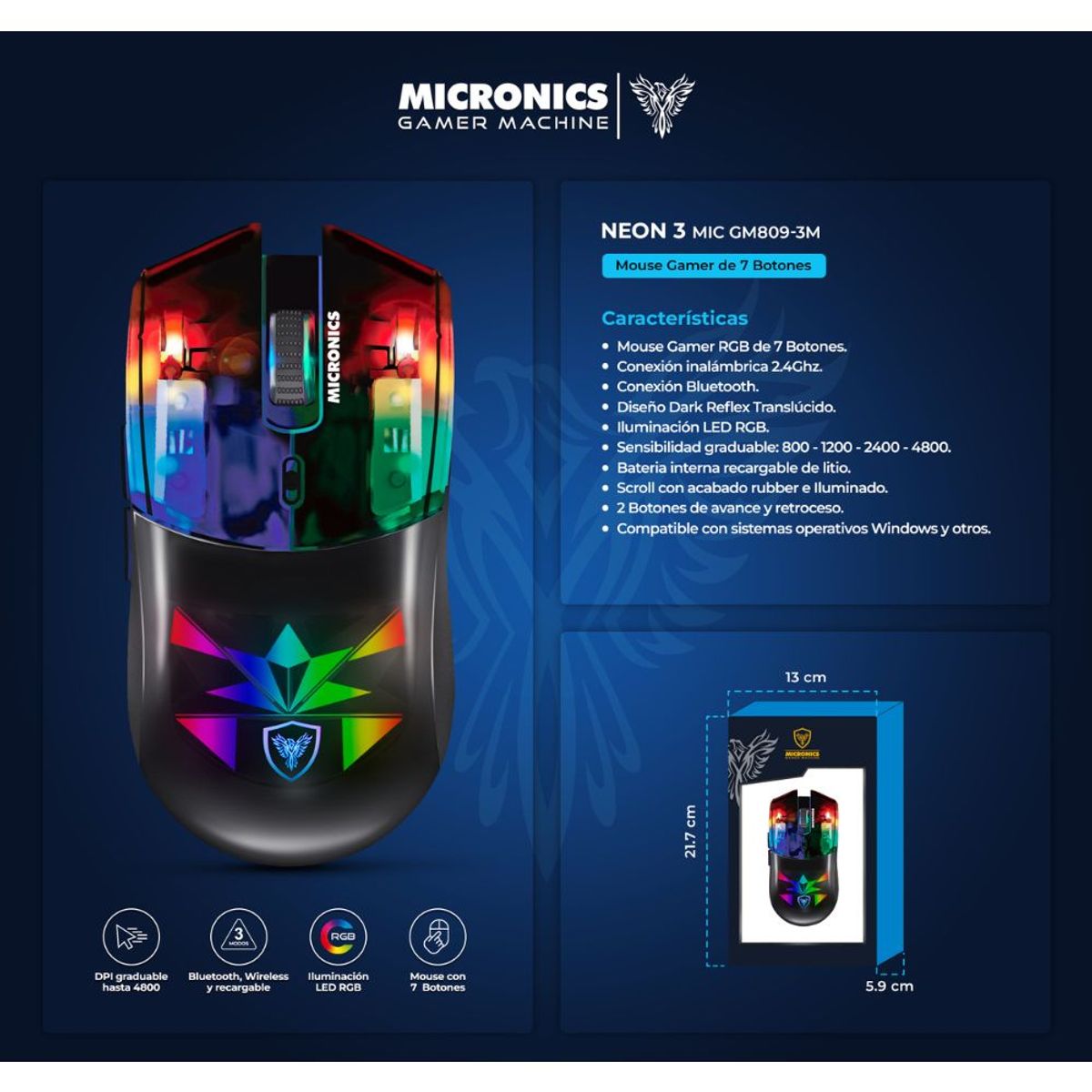 MICRONICS - Mouse Gamer Inalambrico Micronics Neon Rgb 4800dpi 7b