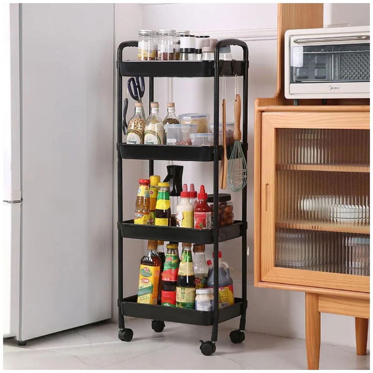GENERICO - Carrito Organizador de Cocina 4 Niveles con Ruedas 104x40x26cm Negro