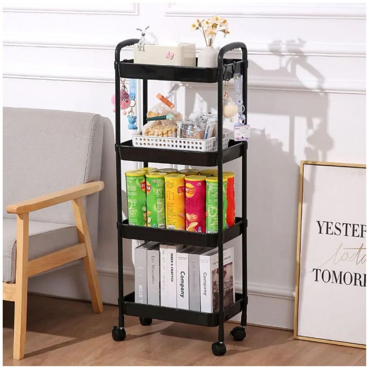GENERICO - Carrito Organizador de Cocina 4 Niveles con Ruedas 104x40x26cm Negro