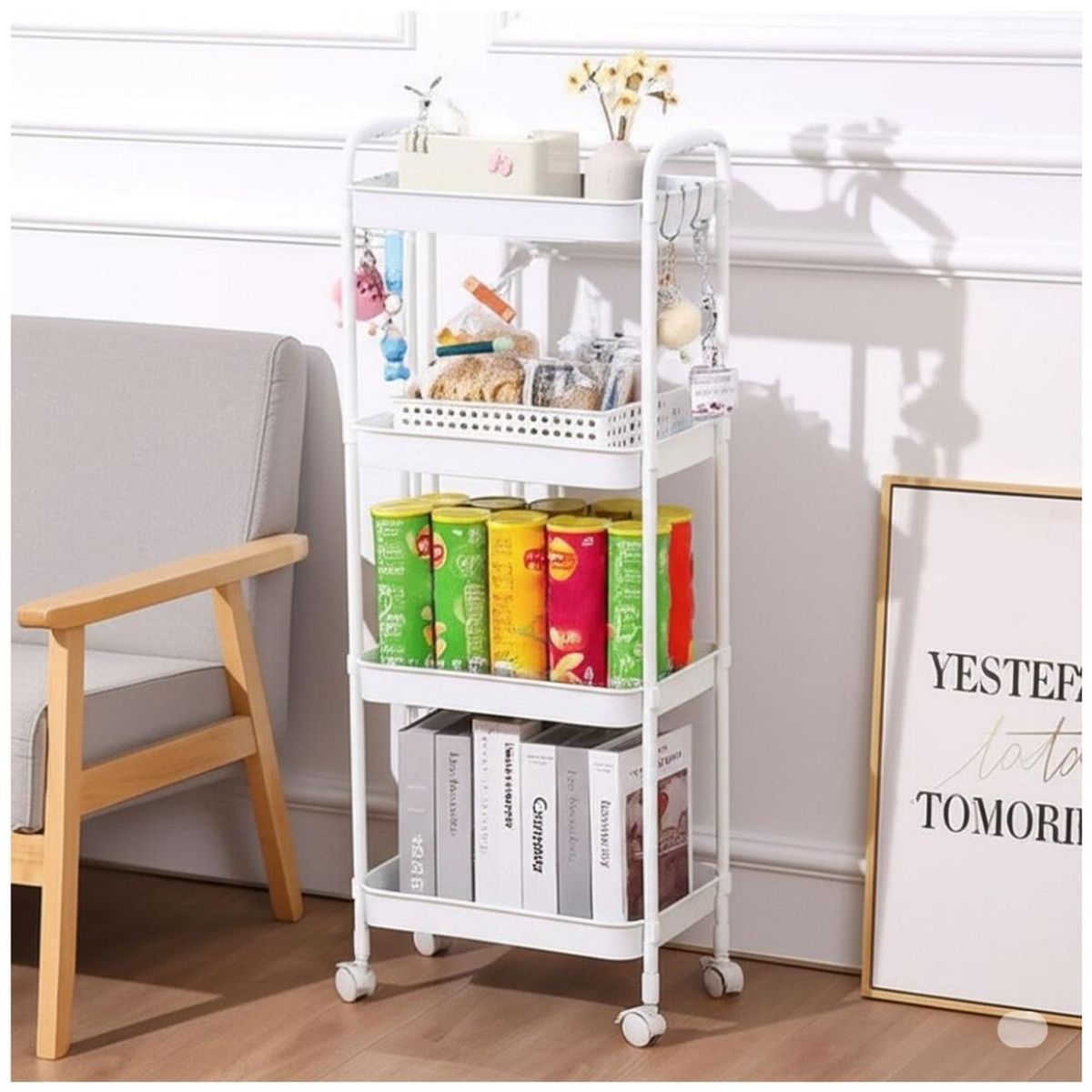 GENERICO - Carrito Organizador de Cocina 4 Niveles con Ruedas 104x40x26cm Blanco