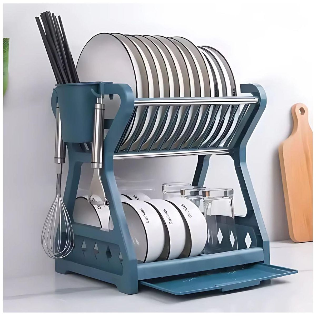 GENERICO - Escurridor de Platos Vajilla 2 Niveles con Soporte para Cubiertos Azul