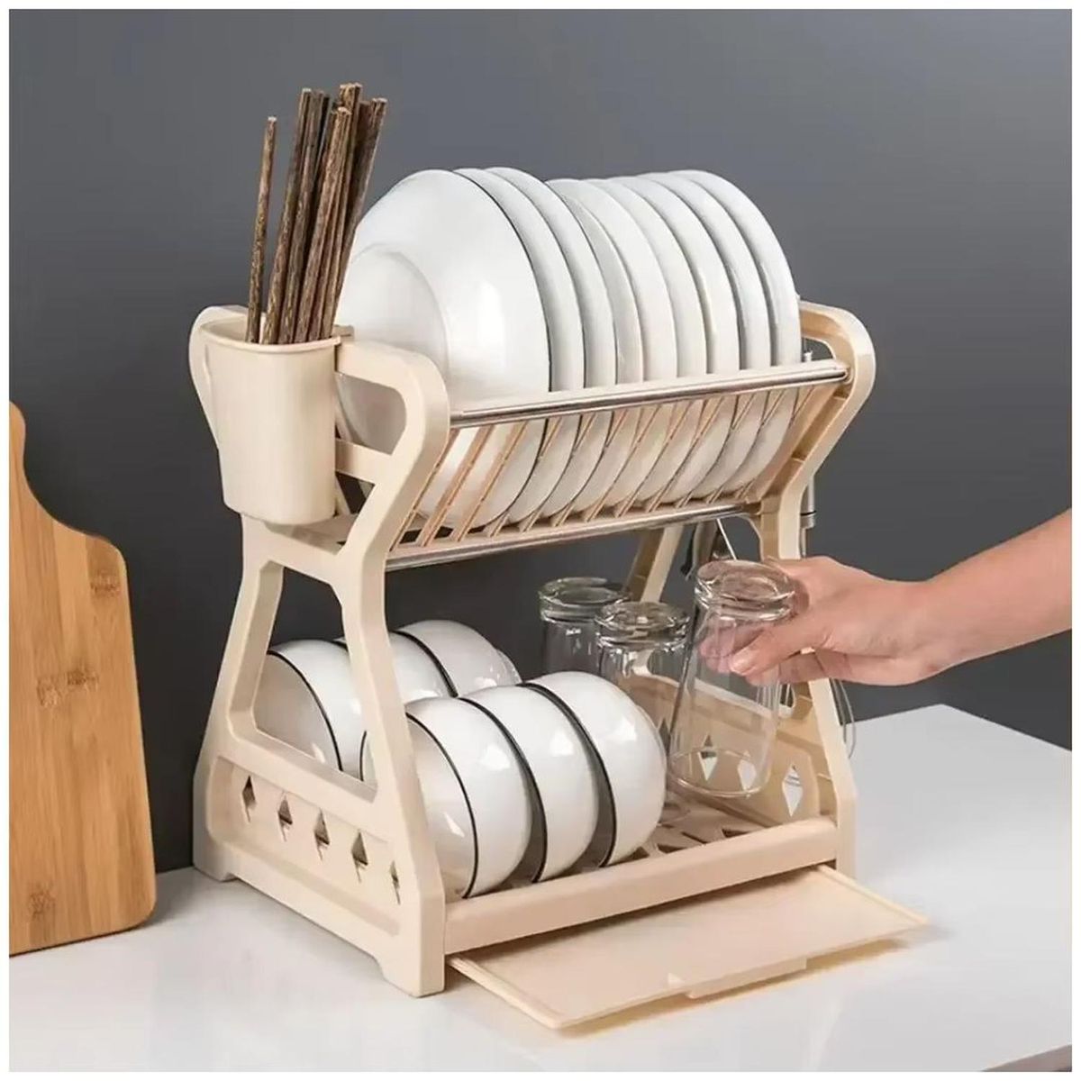 GENERICO - Escurridor de Platos Vajilla 2 Niveles Soporte para Cubiertos Crema