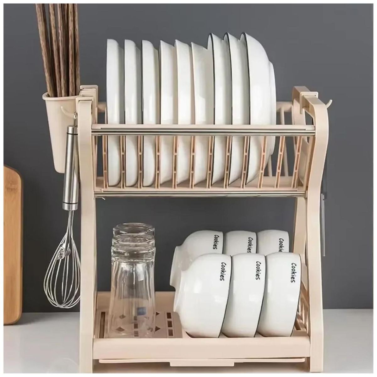 GENERICO - Escurridor de Platos Vajilla 2 Niveles Soporte para Cubiertos Crema