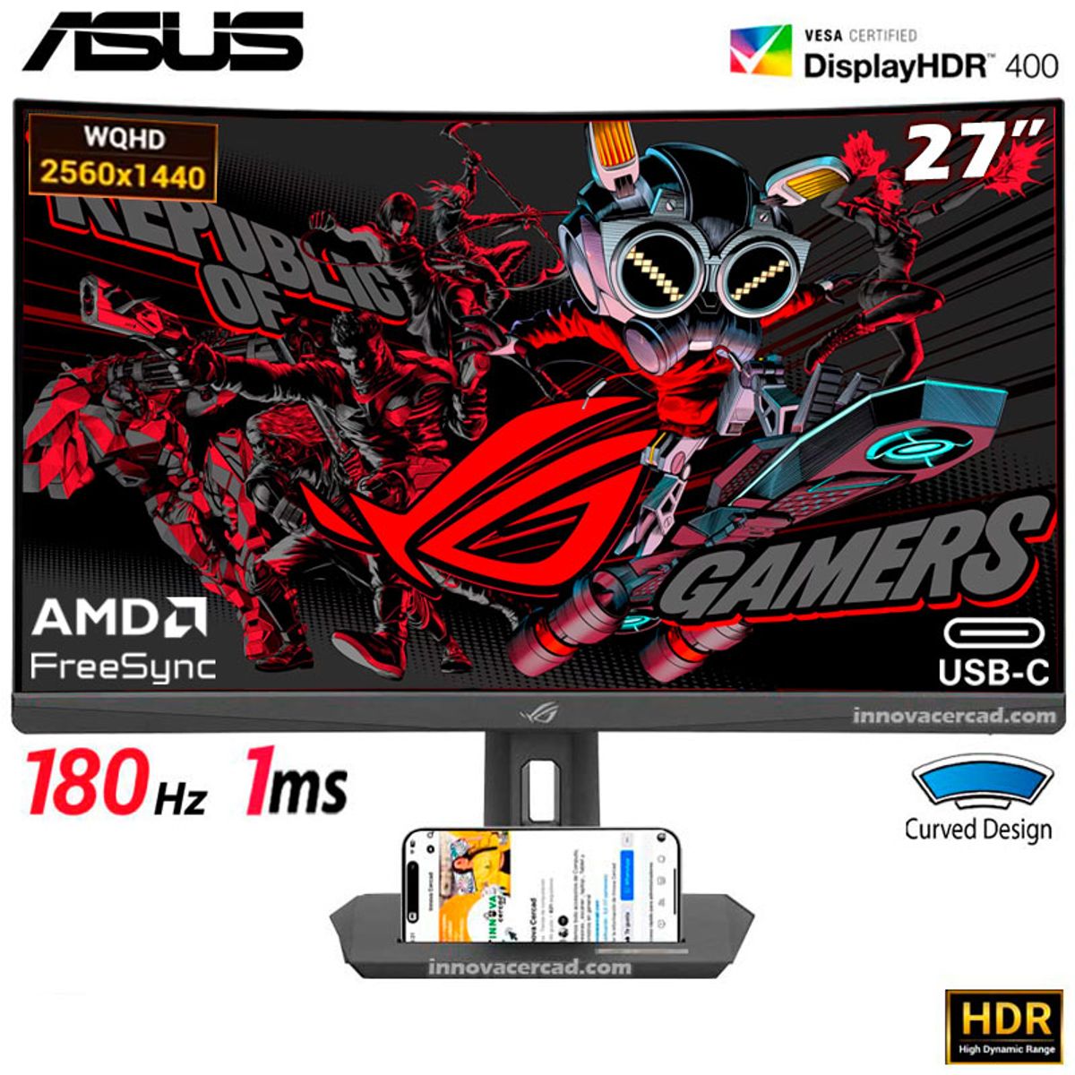 ASUS - MONITOR  ASUS ROG Strix XG27WCS, 27" CURVO VA FAST, WQHD, 180Hz, 1ms