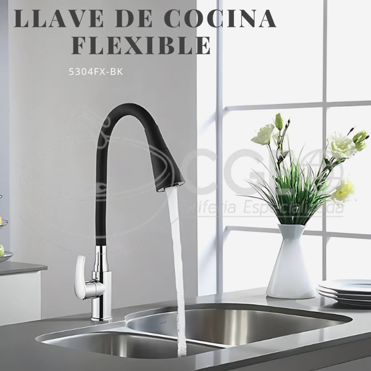 GENERICO - LLAVE DE COCINA PICO FLEXIBLE AL MUEBLE NEGRO 5304FX-BK