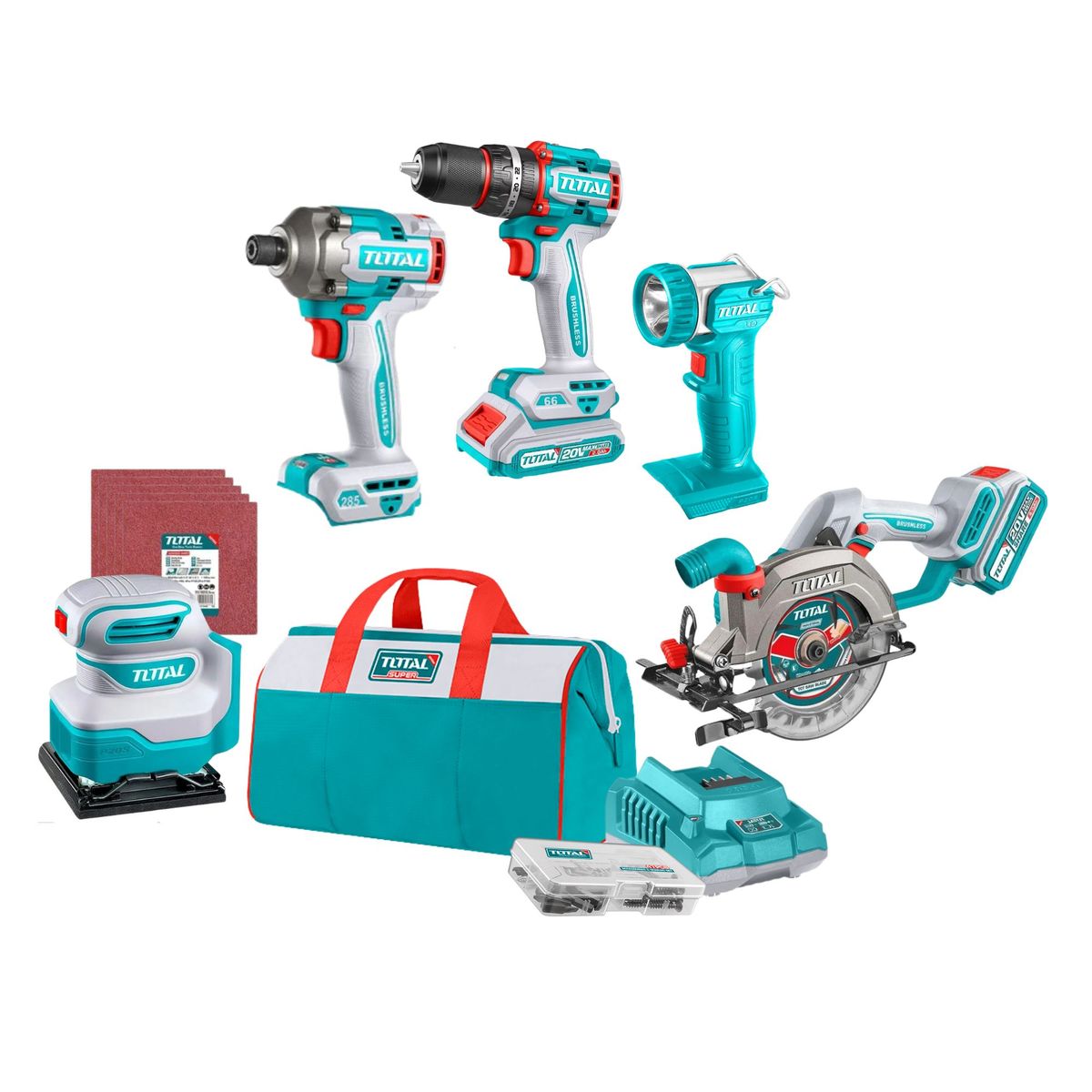 TOTAL TOOLS - Combo 5 en 1 Taladro, Sierra Circular, atornillador, Lijadora Linterna