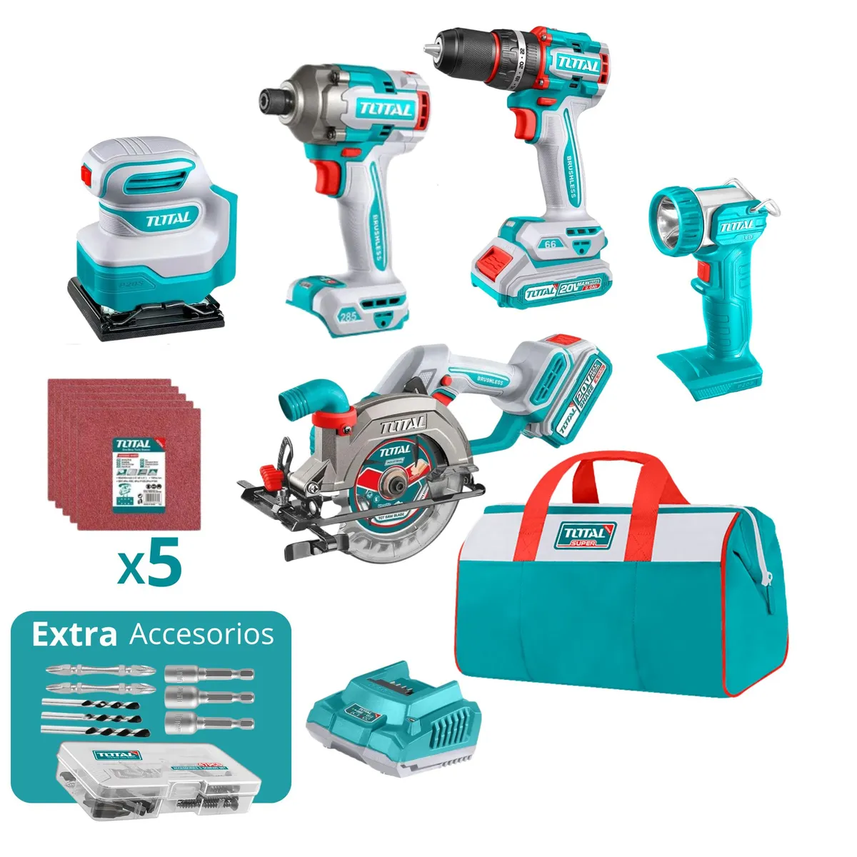 TOTAL TOOLS - Combo 5 en 1 Taladro, Sierra Circular, atornillador, Lijadora Linterna