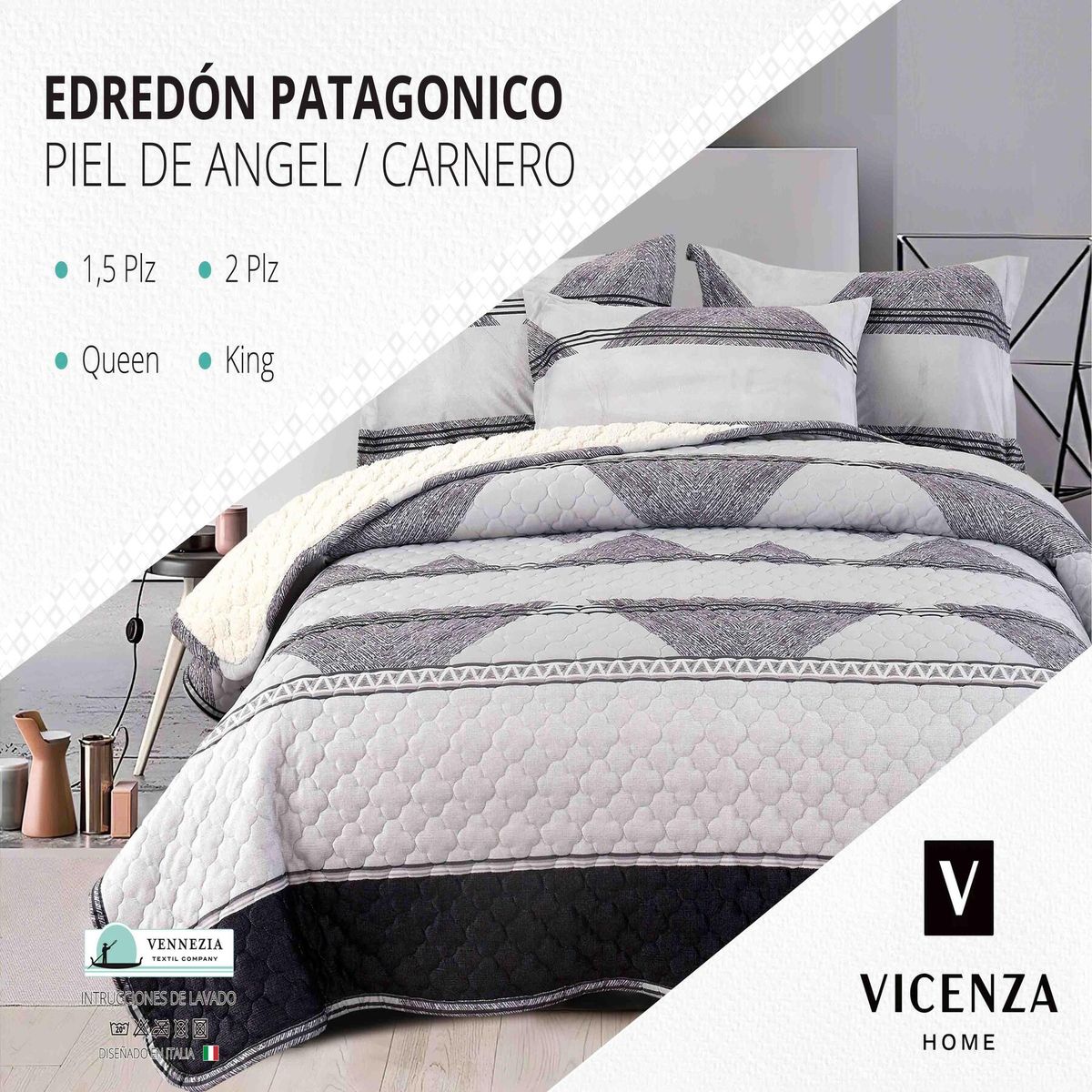 VENEZIA - Set de Edredón 2pz Patagonico Piel de Angel C/ Carnero de 5 Piezas