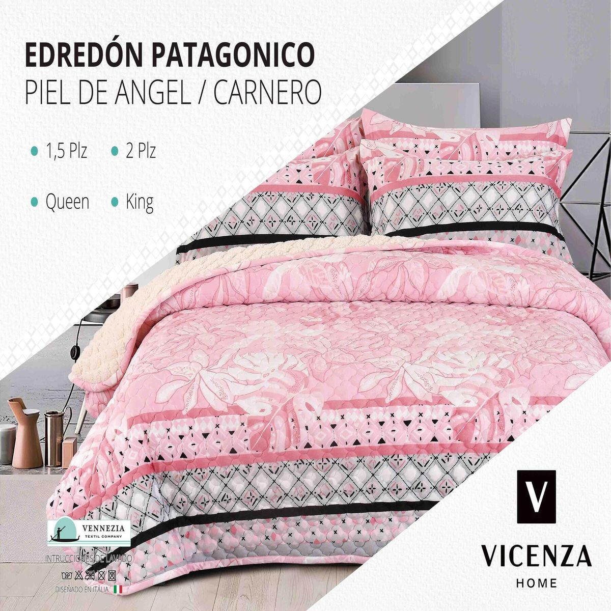 VENEZIA - Set de Edredón 2pz Patagonico Piel de Angel C/ Carnero de 5 Piezas