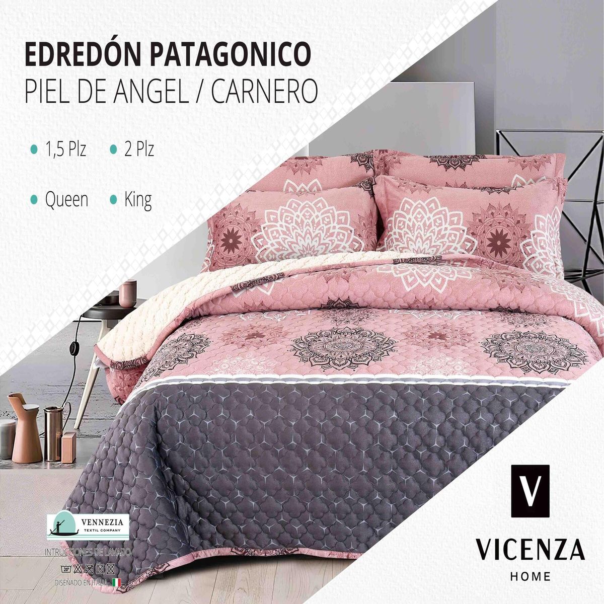 VENEZIA - Set de Edredón 2pz Patagonico Piel de Angel C/ Carnero de 5 Piezas