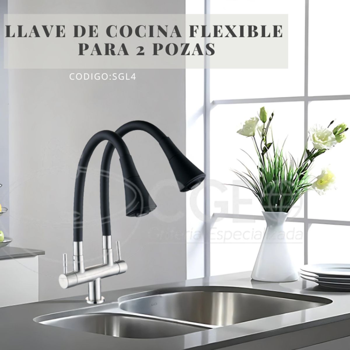 GENERICO - LLAVE DE COCINA CON DOBLE  PICO FLEXIBLE AL MUEBLE NEGRO  SGL4