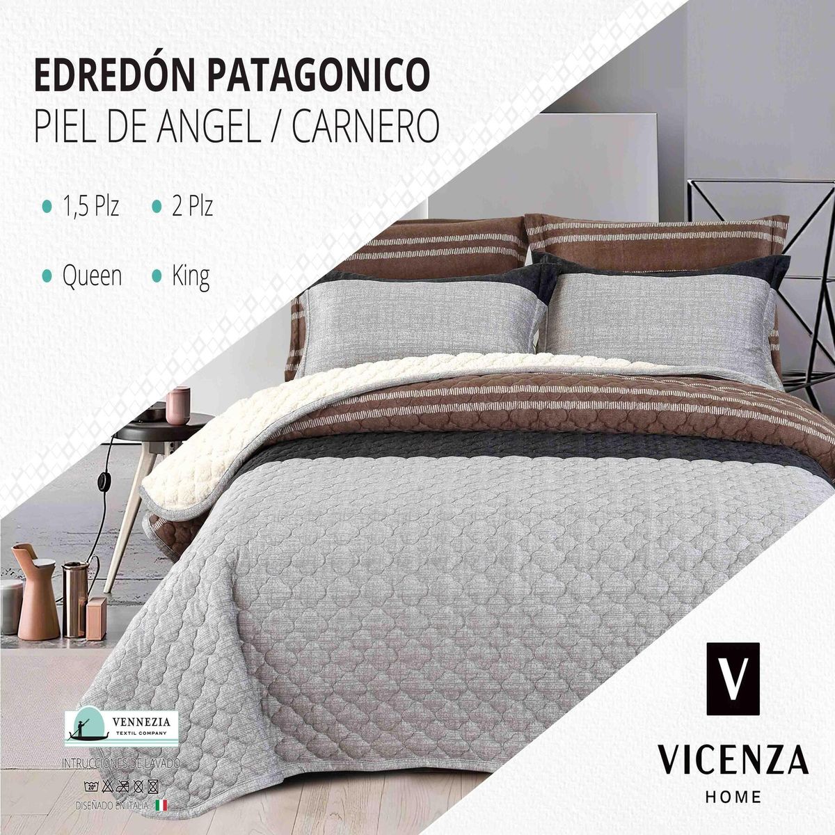 VENEZIA - Set de Edredón QUEEN Patagonico Piel de Angel C/ Carnero de 5 Piezas