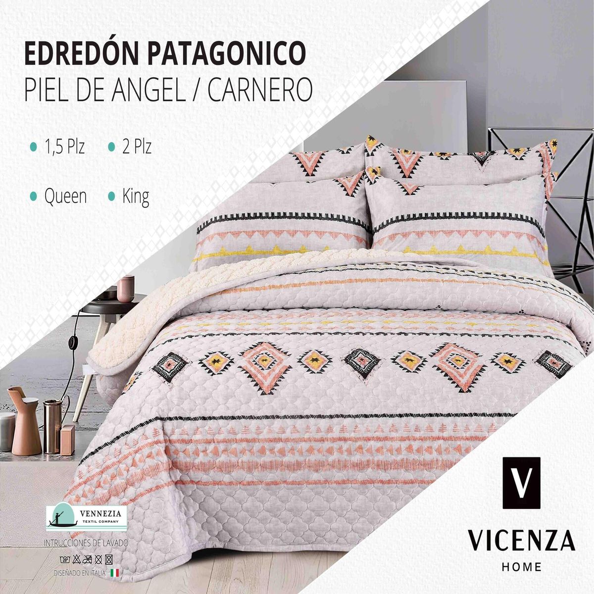 VENEZIA - Set de Edredón QUEEN Patagonico Piel de Angel C/ Carnero de 5 Piezas