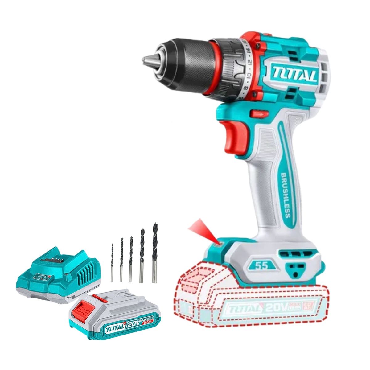 TOTAL TOOLS - Taladro Inalámbrico BRUSHLESS 55Nm 20V batería