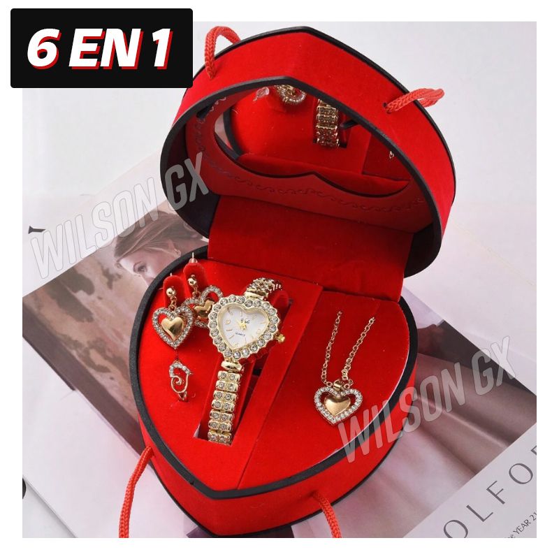 OEM - Set Joyas Reloj Dorado Arete Anillo Collar Espejo Cofre