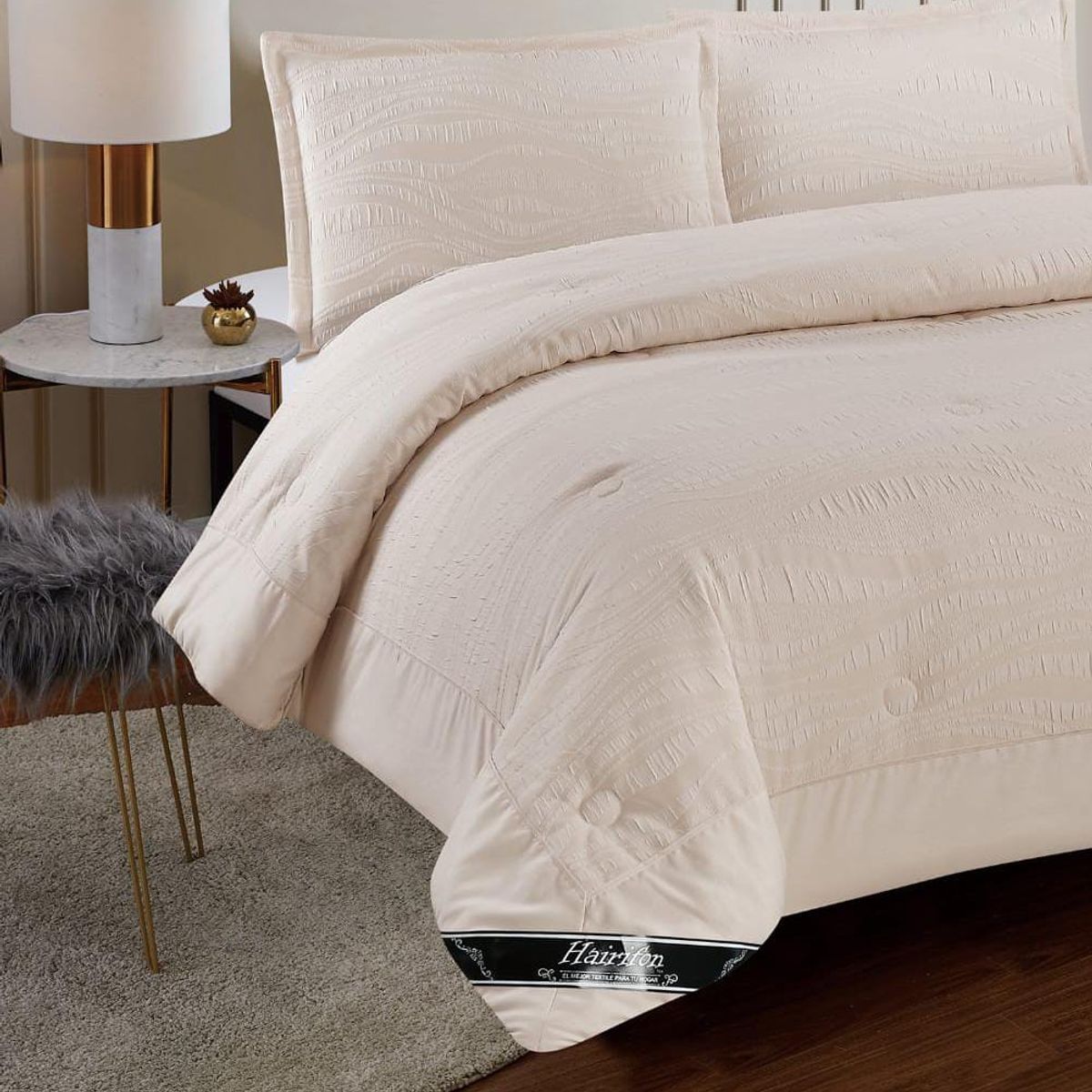 GENERICO - JUEGO DE CAMA ACOLCHADO 2 PLAZAS HAIRIFON - COLOR BEIGE