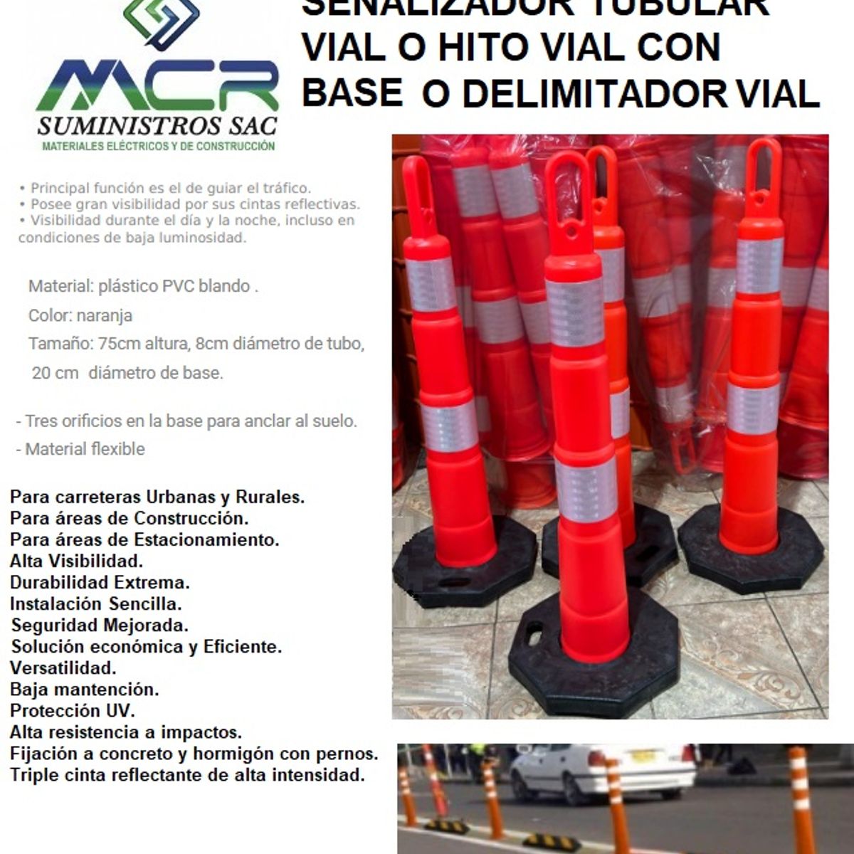 GENERICO - SEÑALIZADOR TUBULAR VIAL DELIMITADORA DE SEGURIDAD CON CINTAS REFLECTIVA ALTO 1M