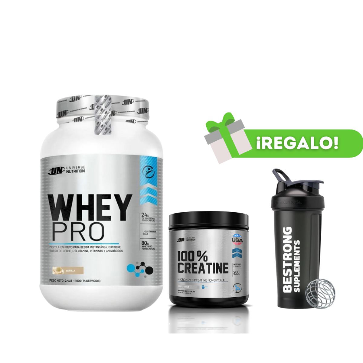 UNIVERSE NUTRITION - PROTEÍNA WHEY PRO 1.1 KG VAINILLA + CREATINA UNIVERSE NUTRITION 250G + SHAKER