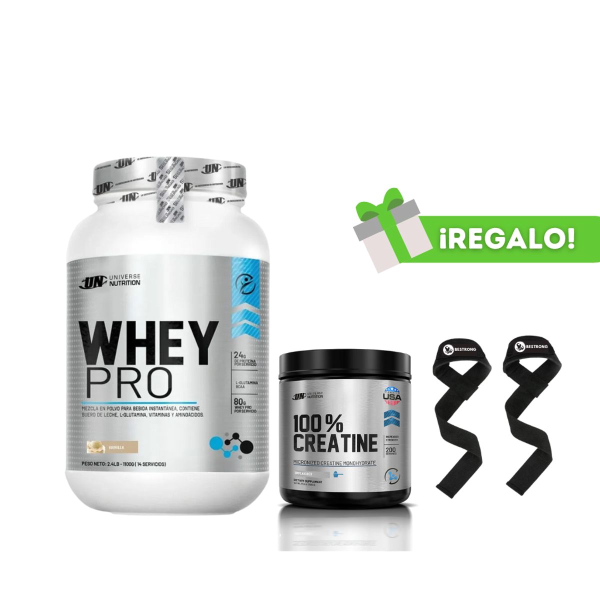 UNIVERSE NUTRITION - PROTEÍNA WHEY PRO 1.1 KG VAINILLA + CREATINA UNIVERSE NUTRITION 250G + STRAPS