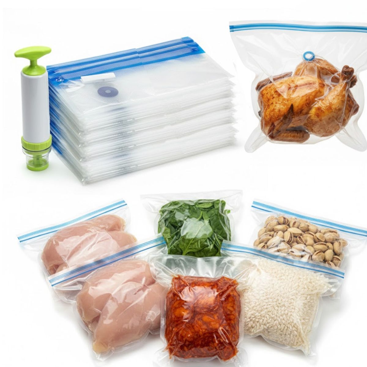 GENERICO - Sistema de Vacío 11 Piezas REUTILIZABLE Bolsas Vacio ALIMENTOS + Bomba No Requiere Selladora