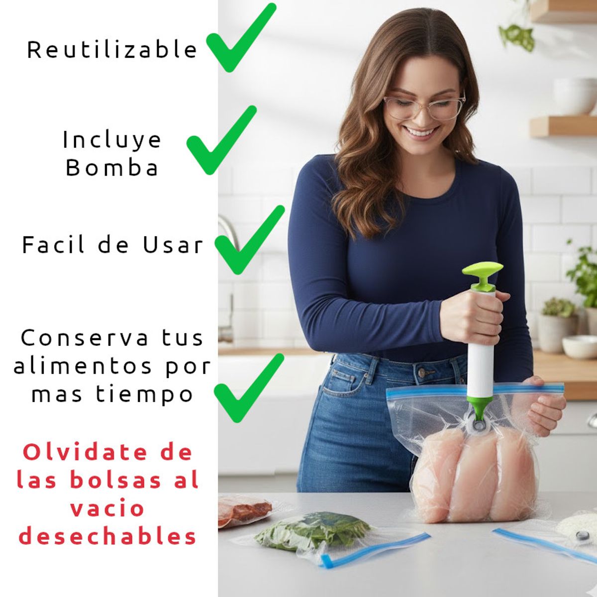 GENERICO - Sistema de Vacío 11 Piezas REUTILIZABLE Bolsas Vacio ALIMENTOS + Bomba No Requiere Selladora