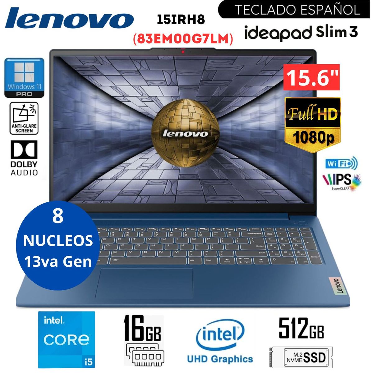LENOVO - Laptop Lenovo Ideapad Slim 3 15IRH8 15.6” FHD Intel Core i5-13420H RAM 16GB SSD 512GB 83EM00G7LM