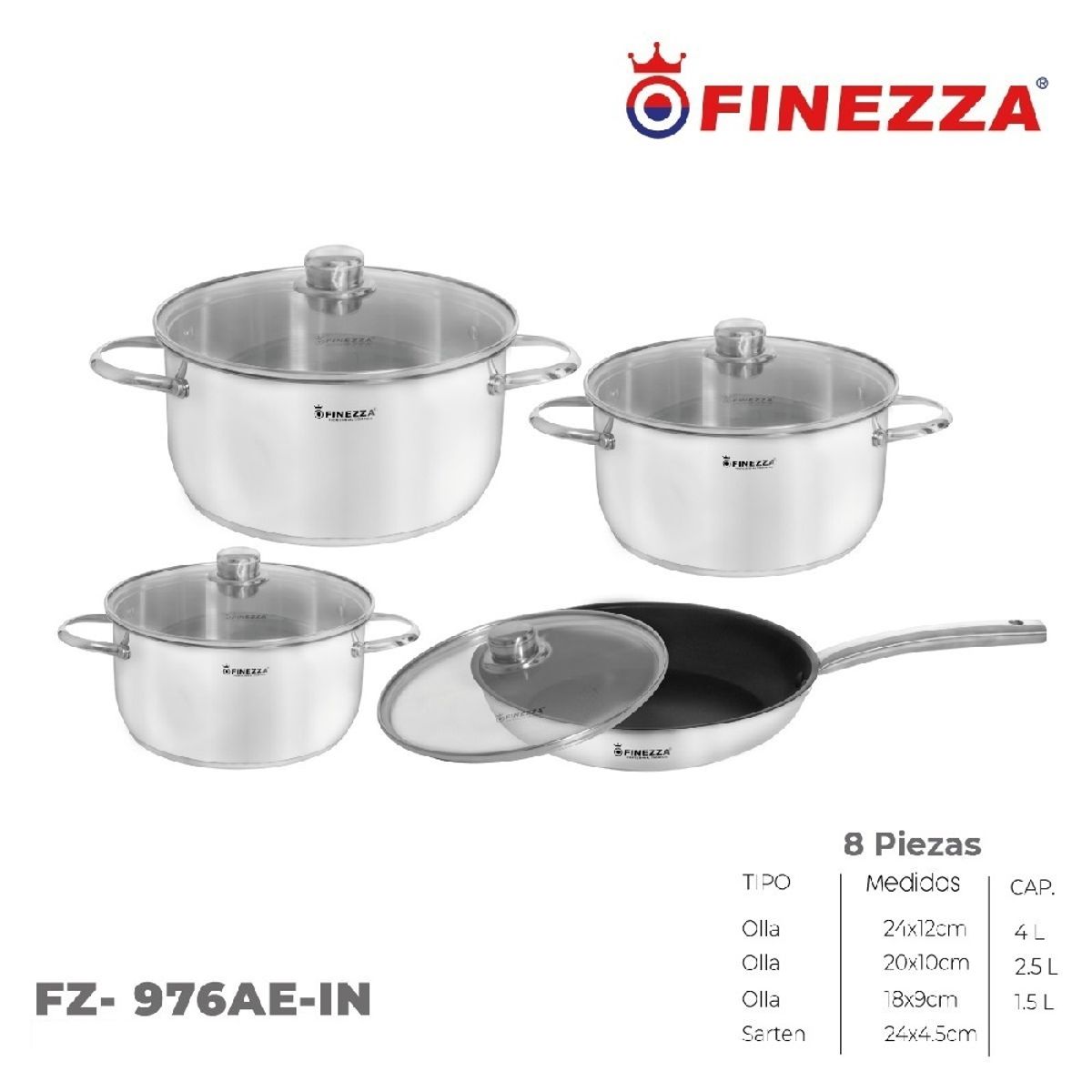 FINEZZA - JUEGO DE OLLAS ACERO INOXIDABLE 8 PZAS FINEZZA