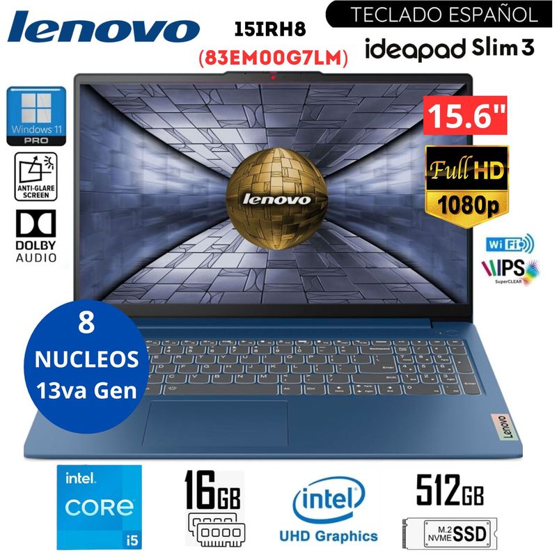 LENOVO - Laptop Lenovo Ideapad Slim 3 15IRH8 15.6” FHD Intel Core i5-13420H RAM 16GB SSD 512GB 83EM00G7LM