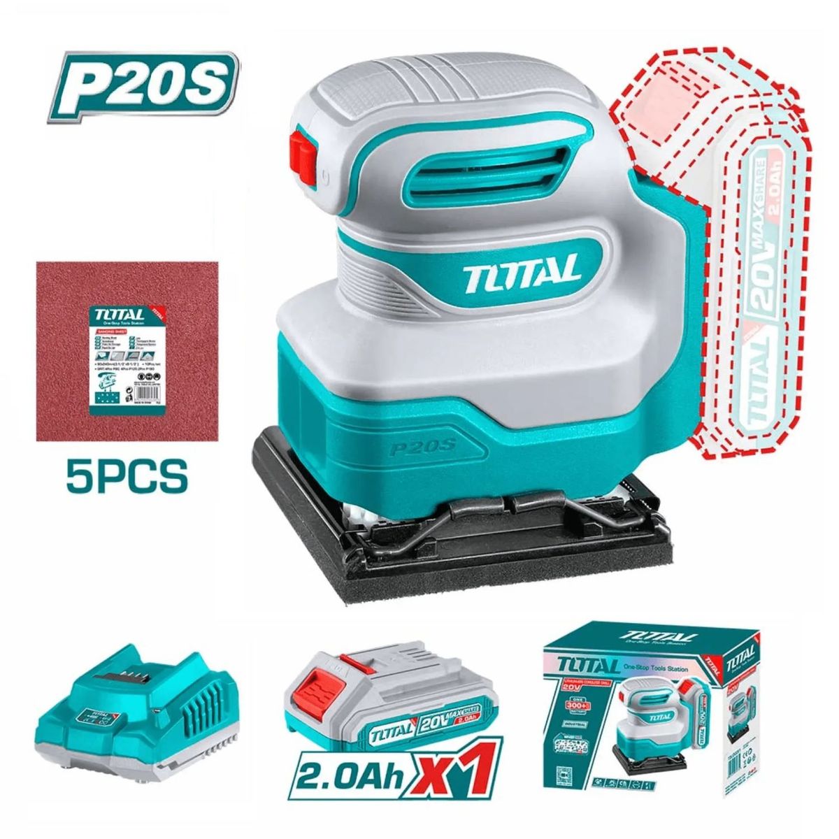 TOTAL TOOLS - Lijadora Orbital Inalámbrica + Batería 2ah + Cargador De 20v Total - TSHSLI20141