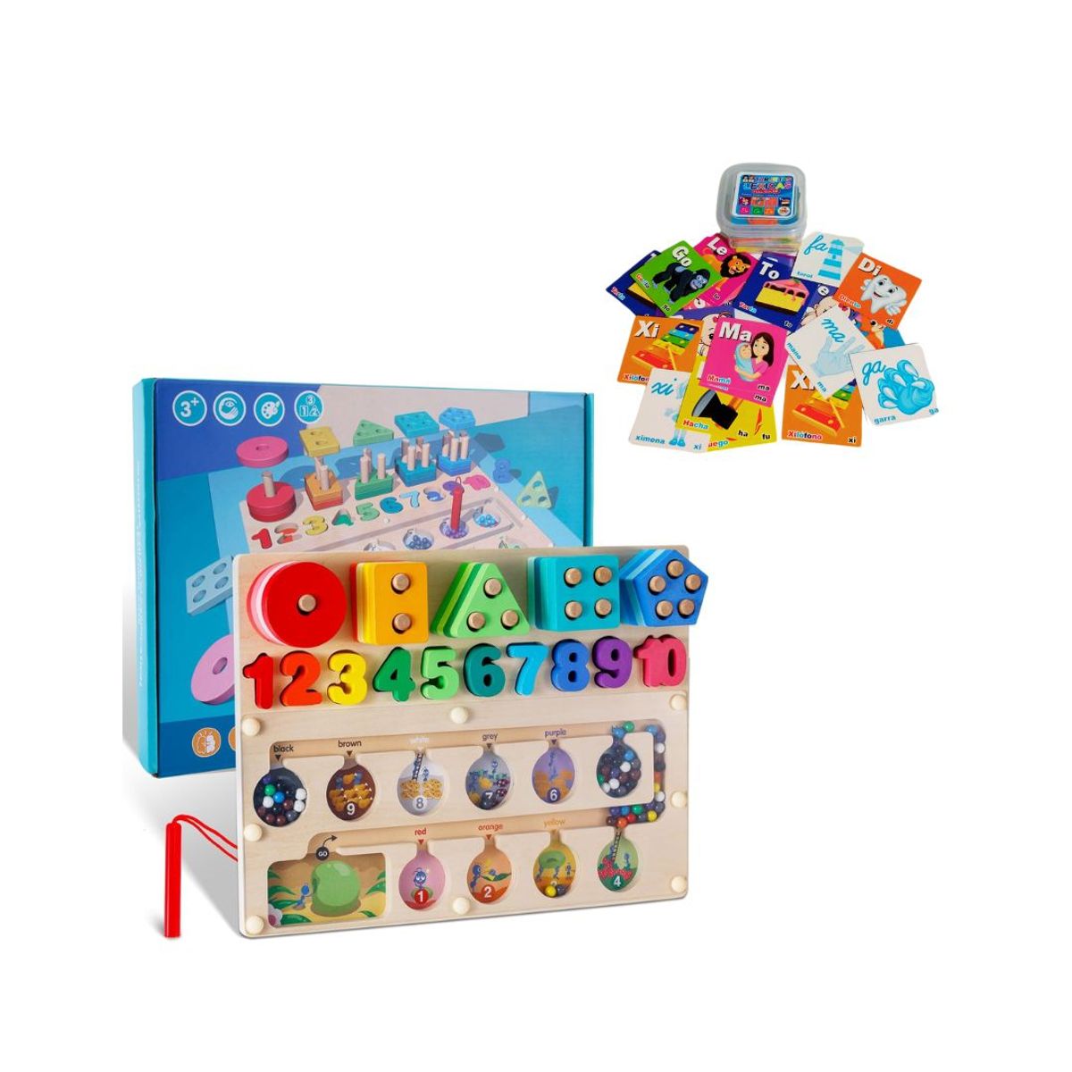 GENERICO - Pack Tablero Montessori 3 en 1 + Tarjetas Léxicas para Niños