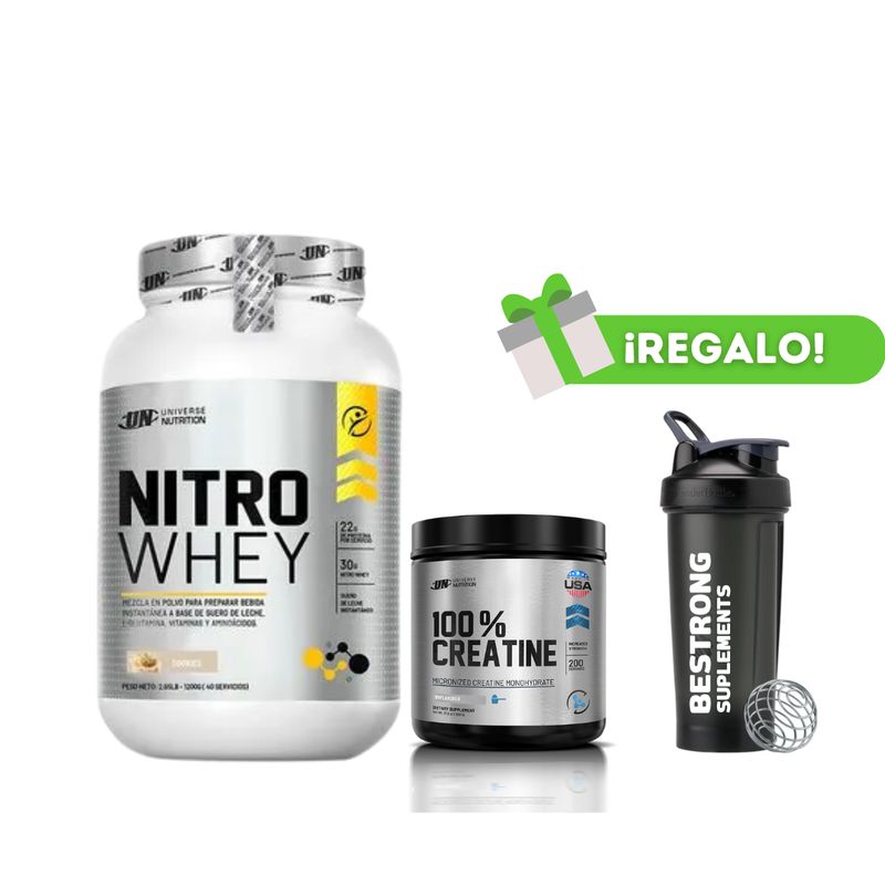 UNIVERSE NUTRITION - NITRO WHEY 1.1 KG COOKIES + CREATINA UNIVERSE NUTRITION 250G + SHAKER