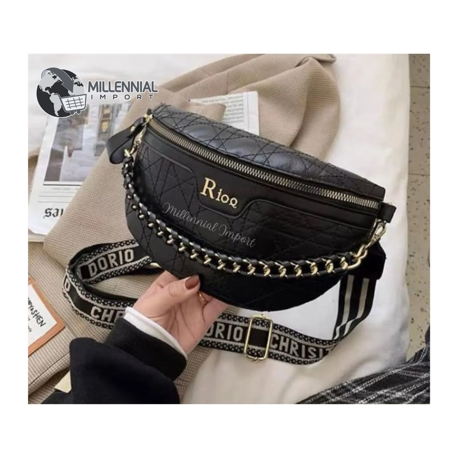 Cartera Canguro Negra de Mujer en Cuero PU Elegante GENERICO - Main Image