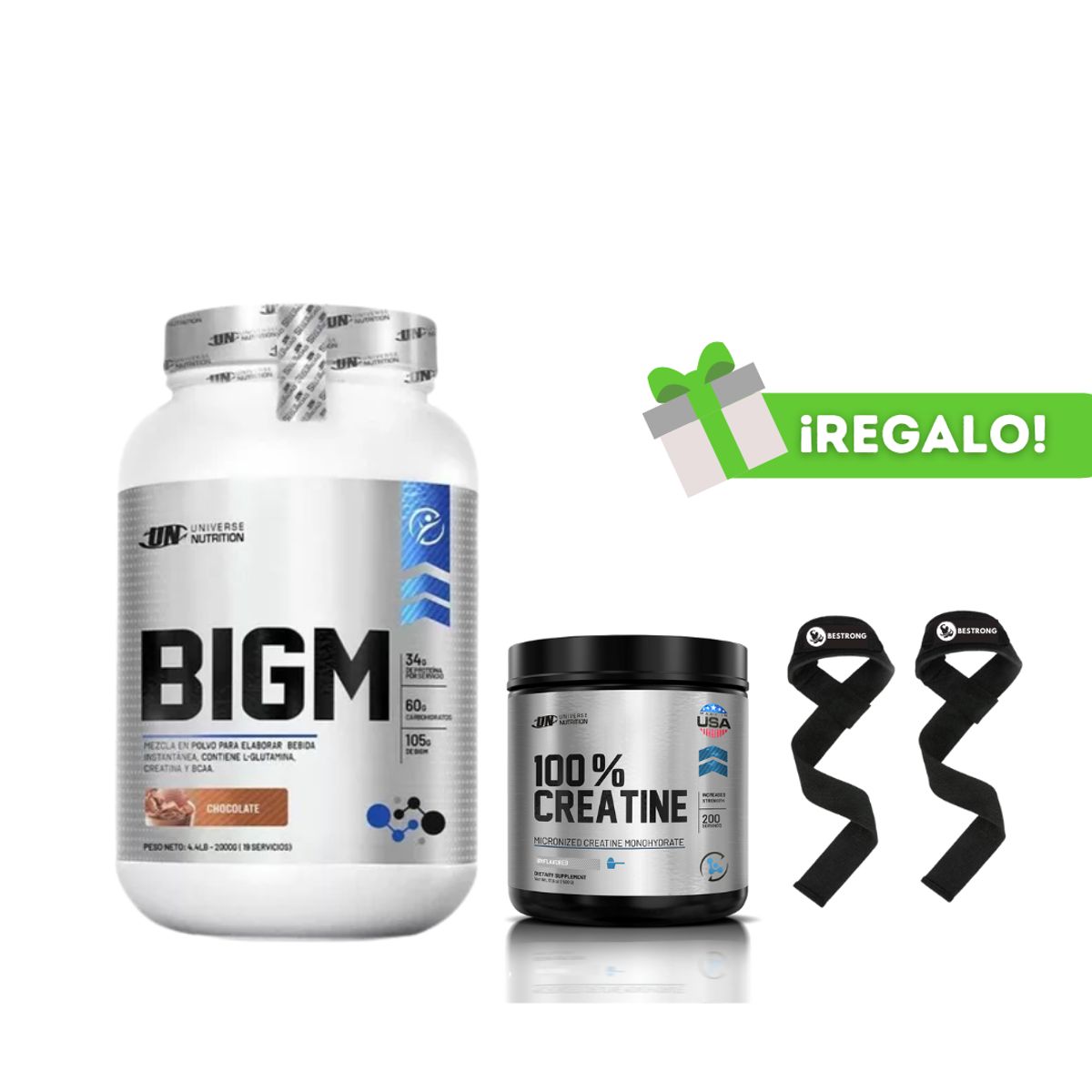 UNIVERSE NUTRITION - BIGM 2KG CHOCOLATE + CREATINA UNIVERSE NUTRITION 250G + STRAPS