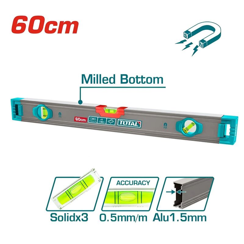 TOTAL TOOLS - Nivel De Burbuja Magnético De 60 Cm En Aluminio Total - TMT26028M