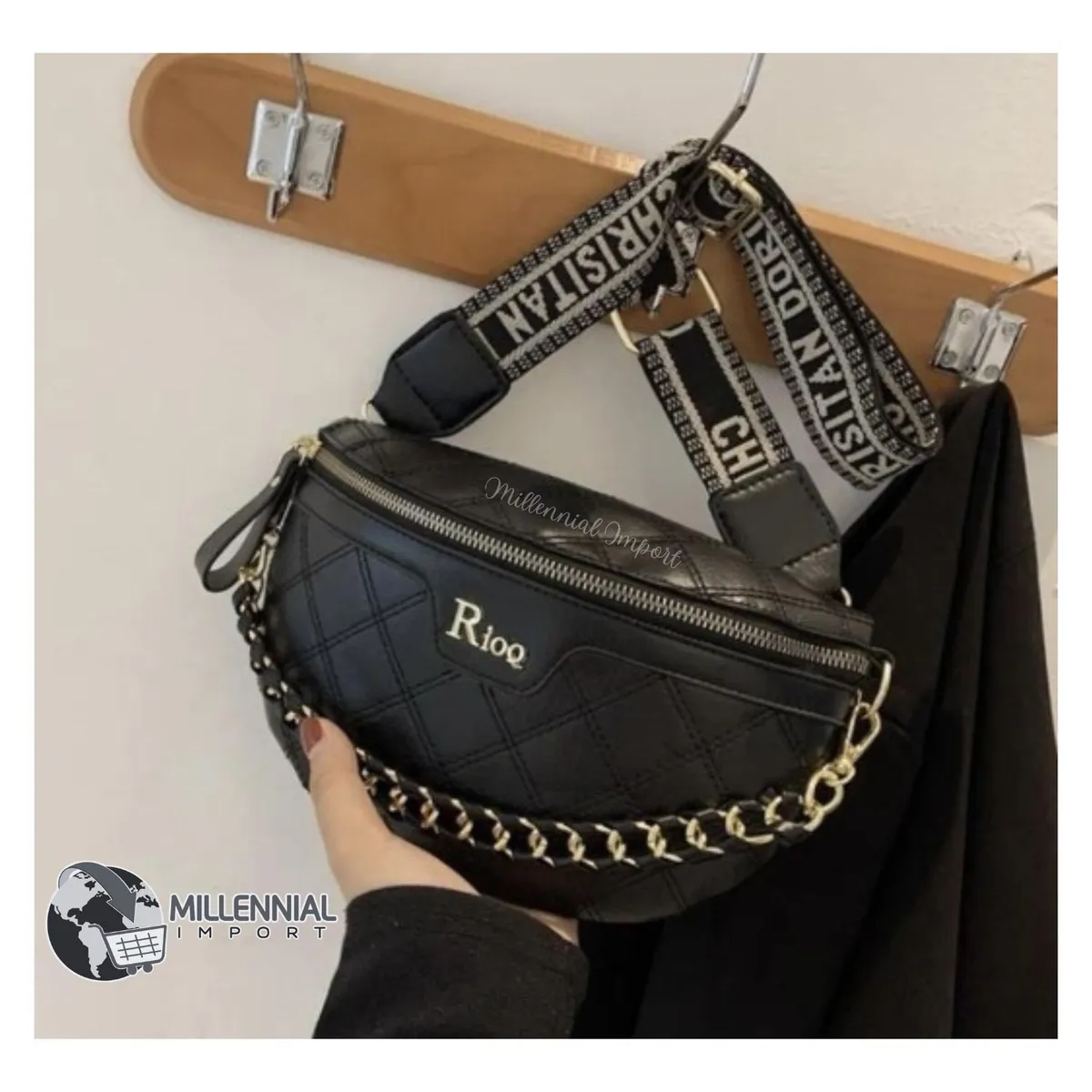 GENERICO - Cartera Canguro Negra de Mujer en Cuero PU Elegante