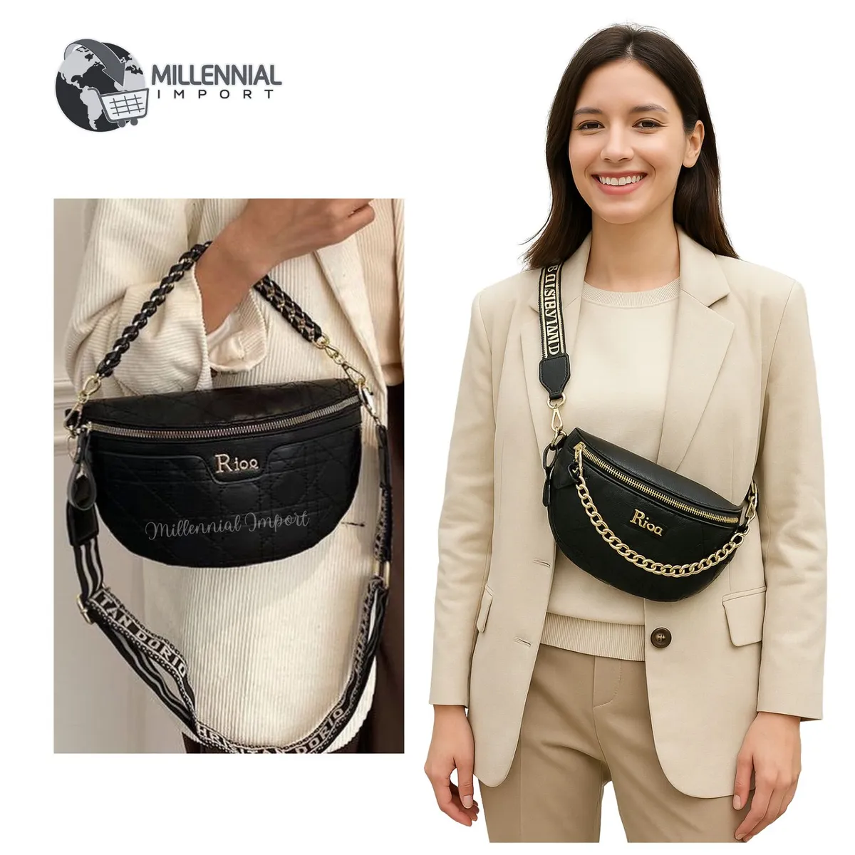 GENERICO - Cartera Canguro Negra de Mujer en Cuero PU Elegante