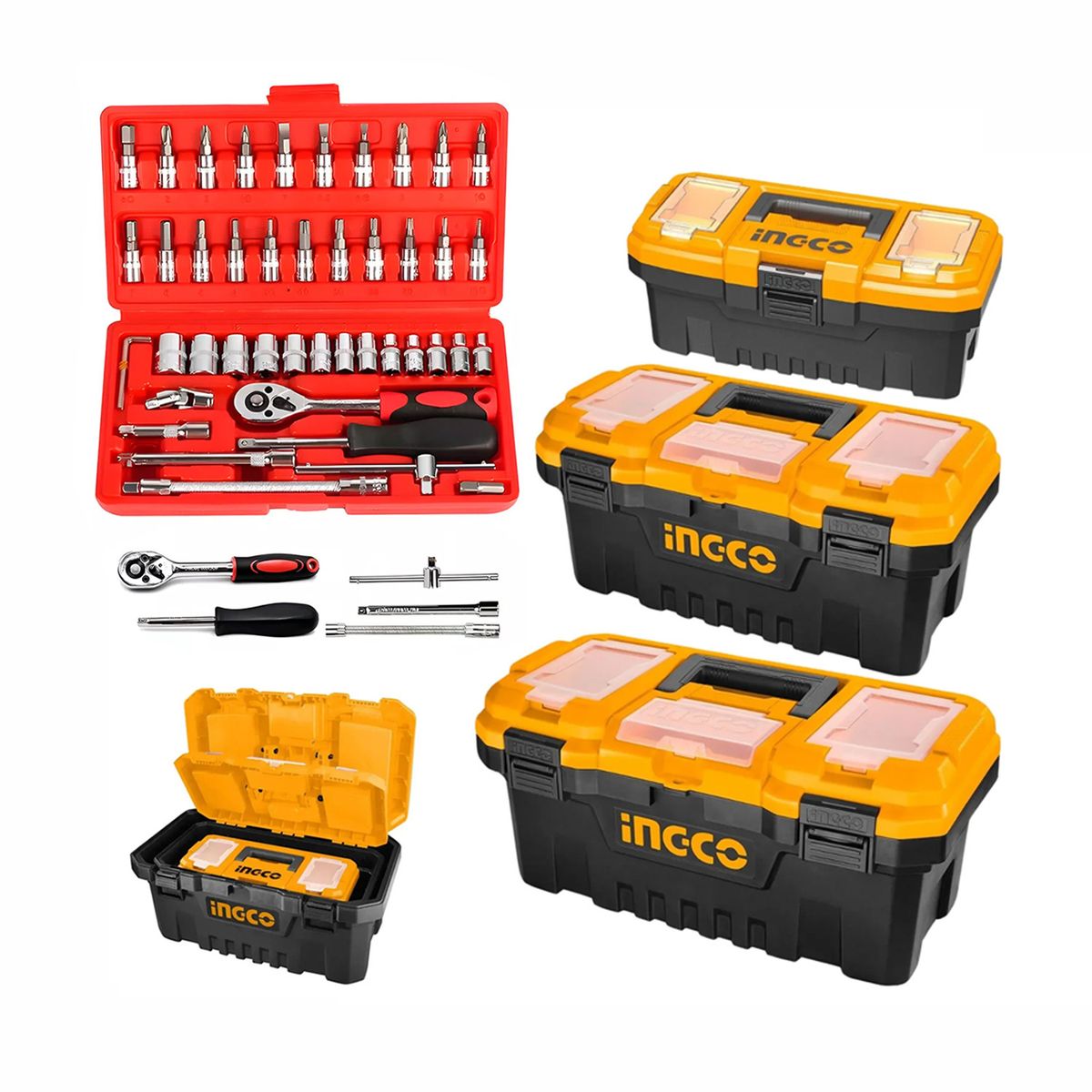 INGCO TOOLS - JUEGO DE 3 CAJAS DE HERRAMIENTAS +SET DADOS PUNTAS 1/4 46PZA INGCO
