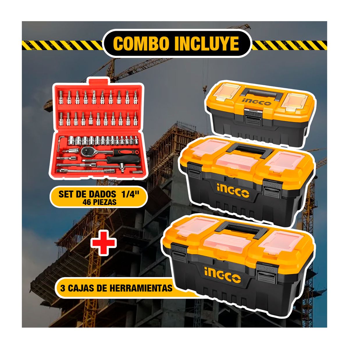 INGCO TOOLS - JUEGO DE 3 CAJAS DE HERRAMIENTAS +SET DADOS PUNTAS 1/4 46PZA INGCO