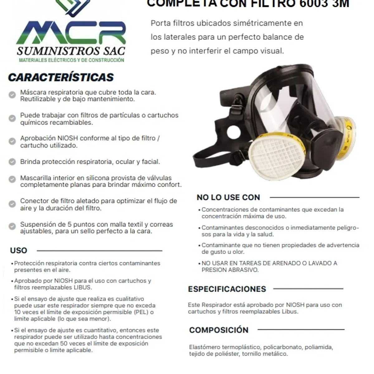 GENERICO - MASCARA RESPIRADOR DE CARA COMPLETA CON 2 FILTRO 6003