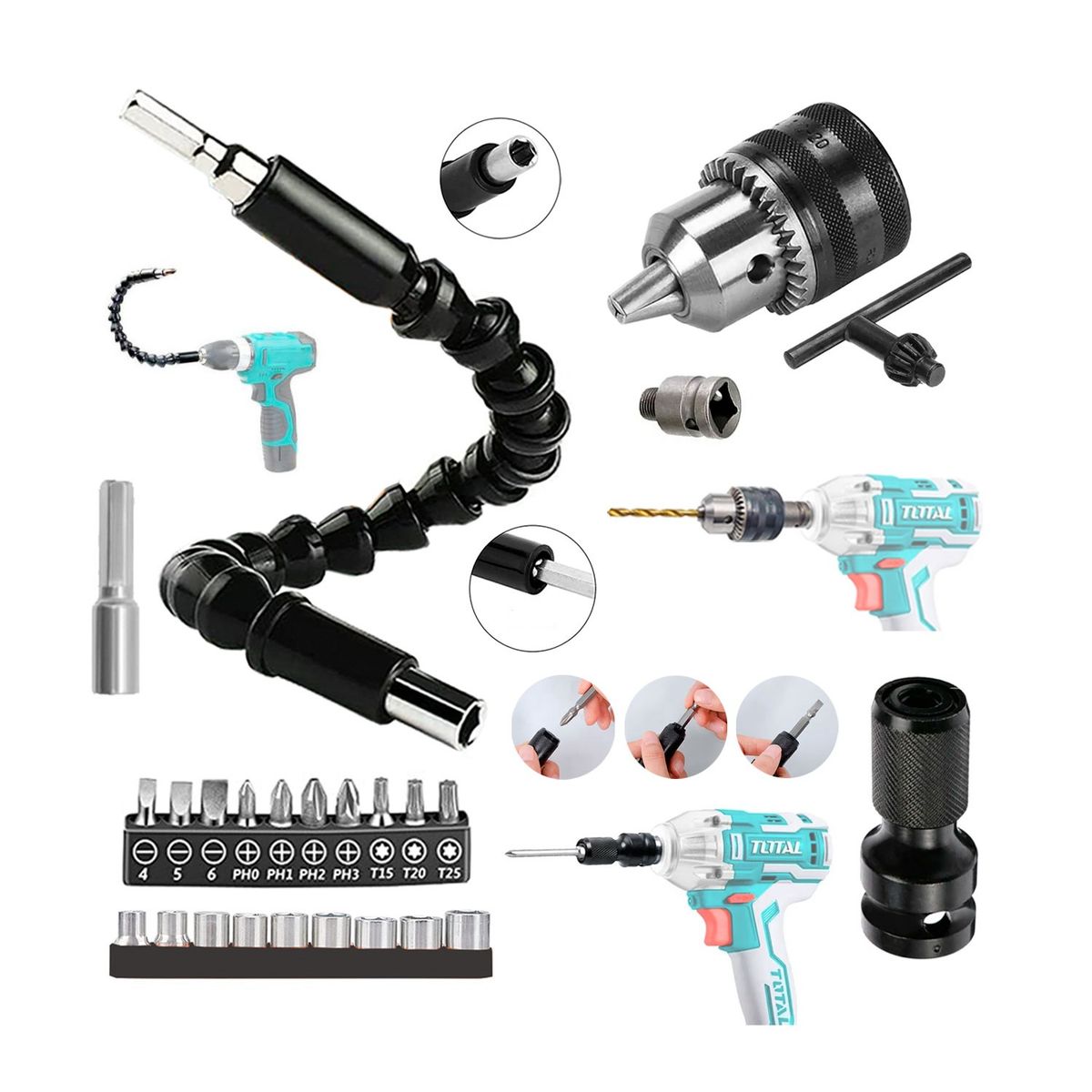 GENERICO - ADAPTADOR Y CHUCK LLAVE DE IMPACTO 12+ EXTENSOR PUNTAS