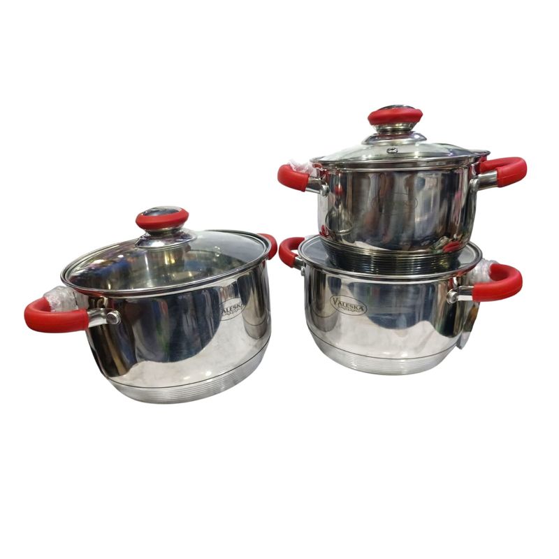 VALESKA - Juego de ollas de acero inoxidable con asas rojas x 6 piezas marca Valeska