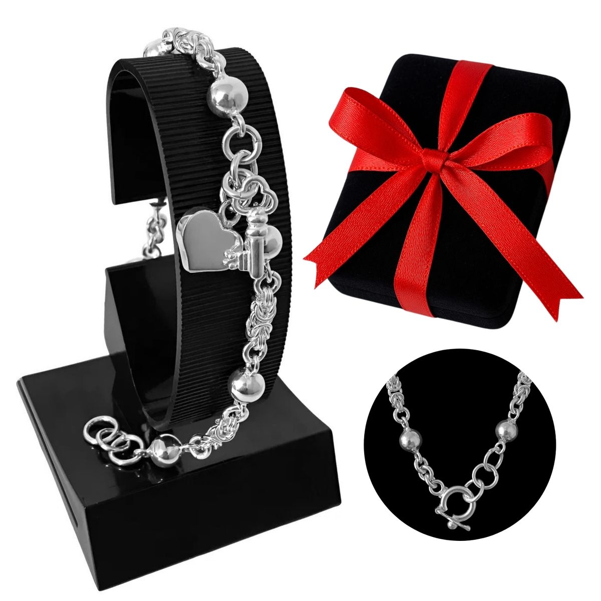 KARMY - Pulsera Mujer Corazón Llave Plata 950 Regalo Novia Navidad Cumpleaños