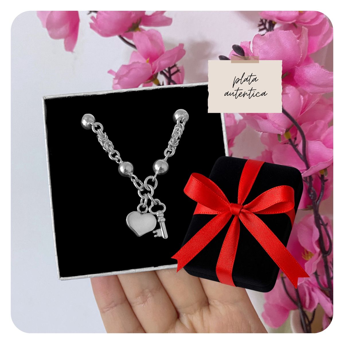 KARMY - Pulsera Mujer Corazón Llave Plata 950 Regalo Novia Navidad Cumpleaños
