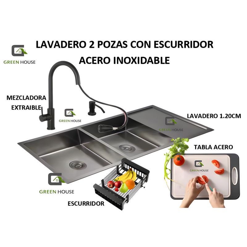 GENERICO - COMBO LAVADERO 1.20 CM DE COCINA  2 POZAS + MEZCLADORA EXTRAIBLE