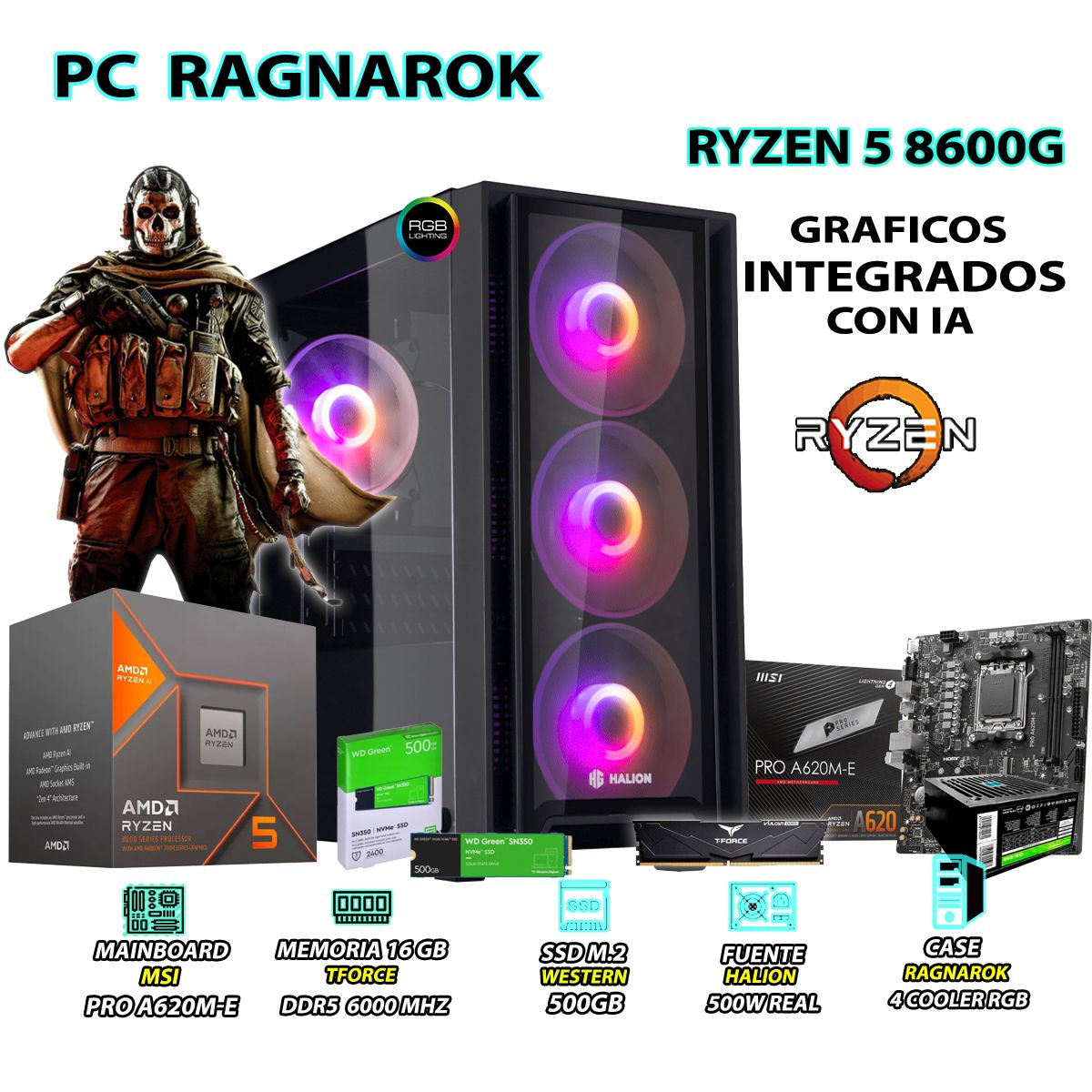AMD - Computadora PC Ryzen 5 8600G RAM 16GB DISCO 500GB SSD CON GRAFICOS AMD RADEON