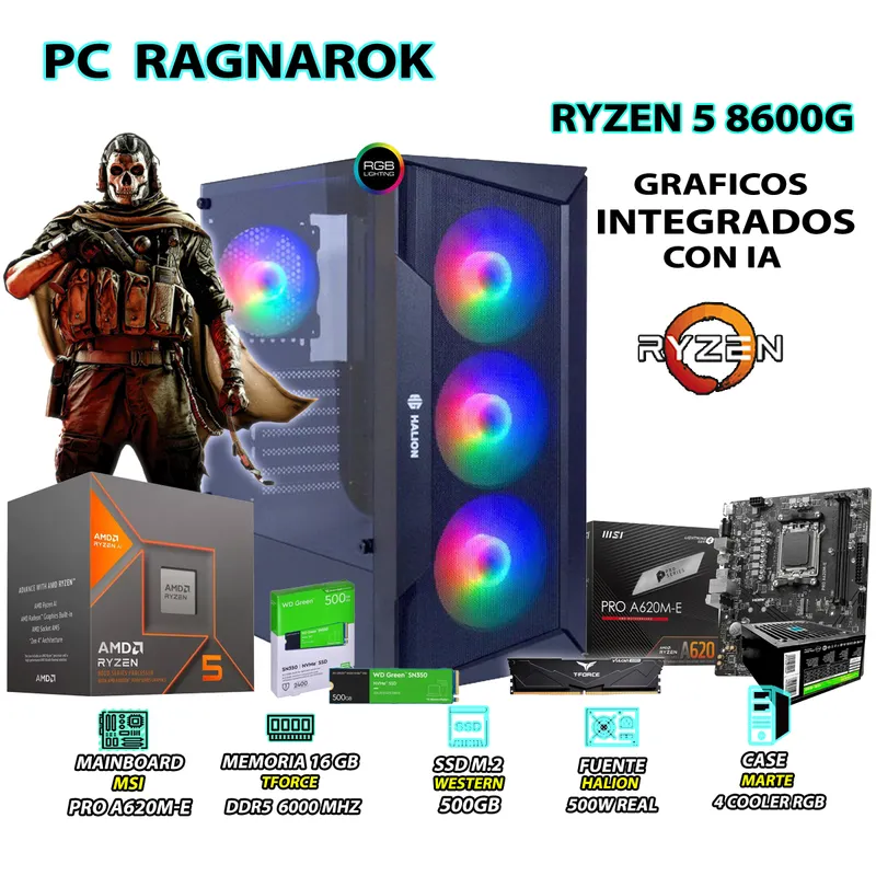 AMD - Computadora PC Ryzen 5 8600G RAM 16GB DISCO 500GB SSD CON GRAFICOS AMD RADEON