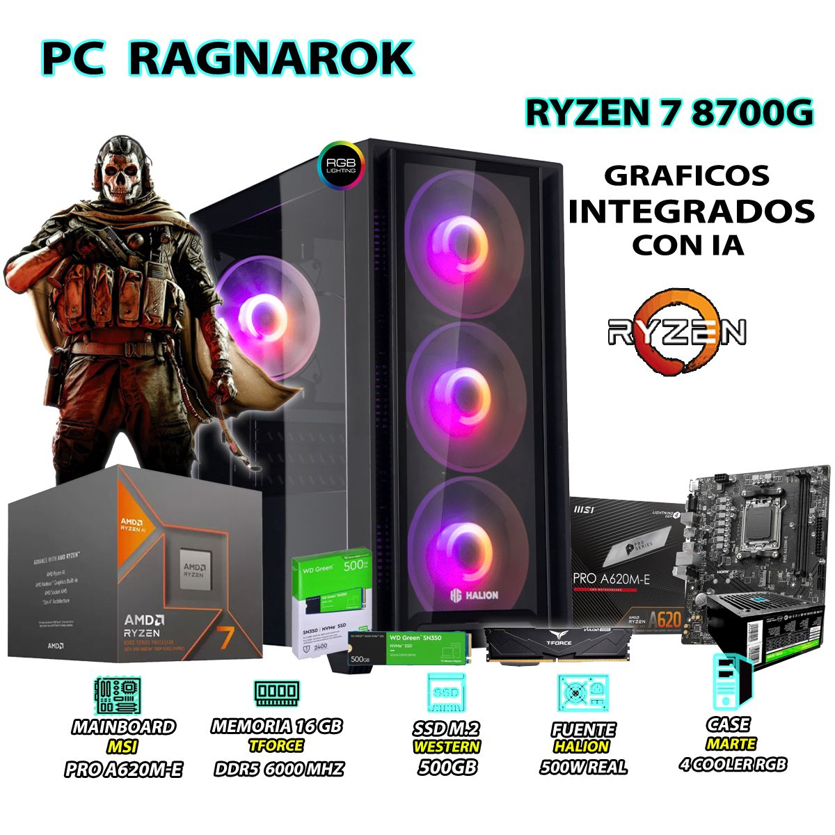 AMD - Computadora PC Ryzen 7 8700G RAM 16GB DISCO 500GB SSD CON GRAFICOS AMD RADEON