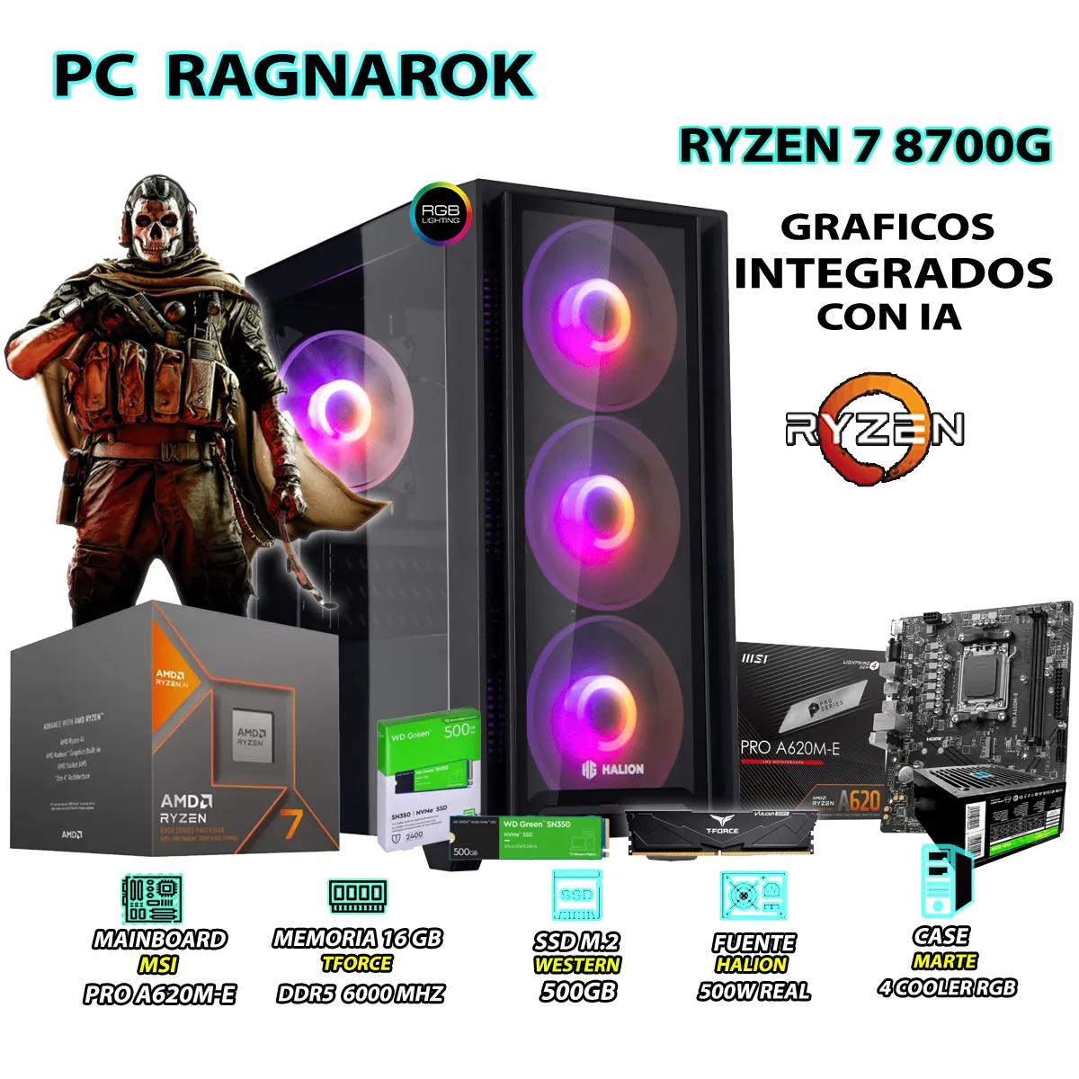 AMD - Computadora PC Ryzen 7 8700G RAM 16GB DISCO 500GB SSD CON GRAFICOS AMD RADEON