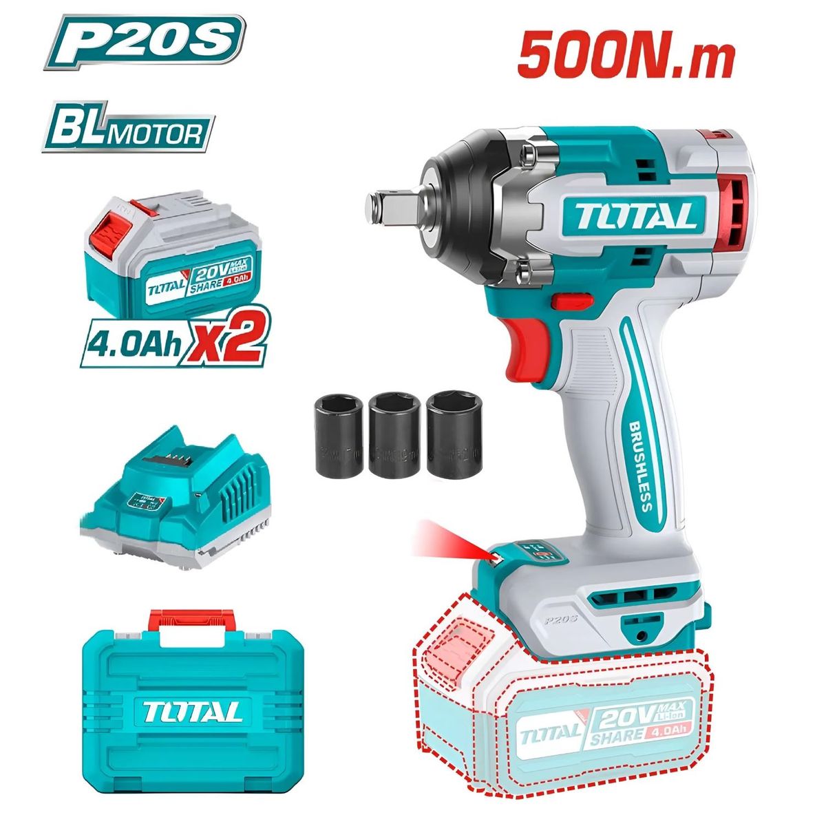 TOTAL TOOLS - Llave De Impacto Total 500nm X2 Baterías 4ah Total - TIWLI2050