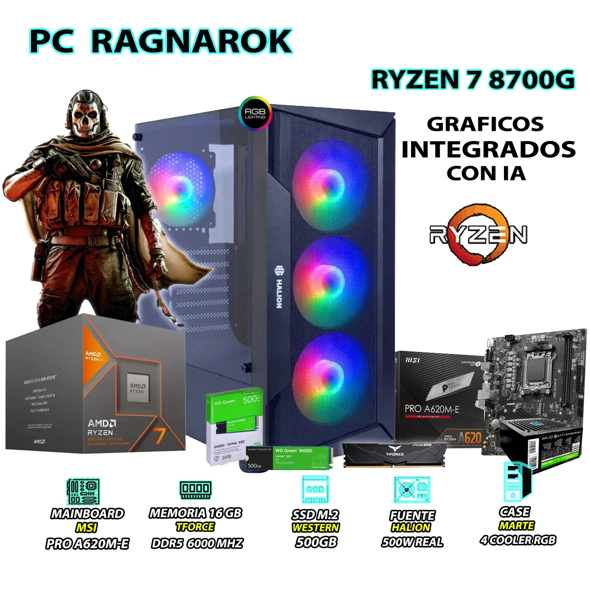 AMD - Computadora PC Ryzen 7 8700G RAM 16GB DISCO 500GB SSD CON GRAFICOS AMD RADEON